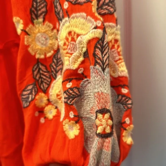 Free People Spell On You Poppy Red Floral Embroidered Peasant Dress Medium - Picture 8 of 10